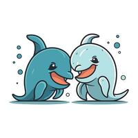 Vector illustration of two cute cartoon whales. Cute marine animals.