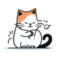 Cute cat with a bone in his paw. Vector illustration.