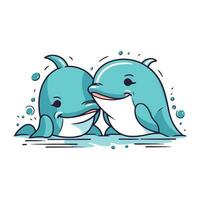 Cute cartoon couple of dolphins. Vector illustration on white background.