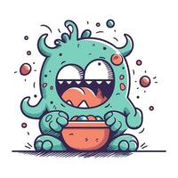 linda dibujos animados monstruo con un cuenco de alimento. vector ilustración.