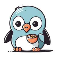 Cute cartoon penguin with a bowl of cereals. Vector illustration.