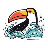 Toucan with waves and splashes. Vector illustration isolated on white background.