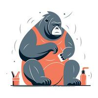 Gorilla in orange overalls sits on the floor. Vector illustration