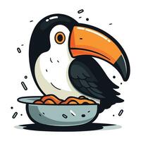 Toucan with bowl of food. Vector illustration in cartoon style.