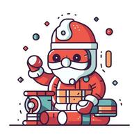 Santa Claus with gifts. Vector illustration in a flat linear style.