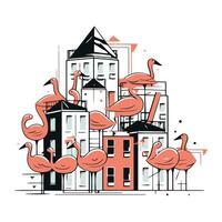 Flamingo in the city. Vector illustration in flat style.