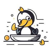 Cute penguin sitting on the plate. Vector linear illustration.