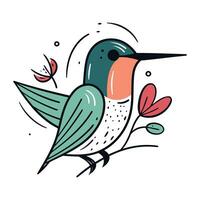 Cute cartoon hummingbird with flowers. Hand drawn vector illustration.