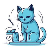 Cute cartoon blue cat sitting on the toilet. Vector illustration.