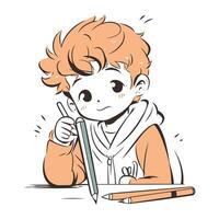 Cute red haired boy drawing with pencil. Vector illustration.