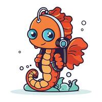 Cute sea animal with headphones. Vector illustration in cartoon style.