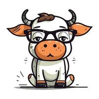 Cute cartoon cow with glasses. Vector illustration isolated on white background.