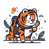 Cute tiger with backpack. Vector illustration in flat linear style.