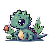 Cute cartoon dinosaur with leaves. Vector illustration isolated on white background.