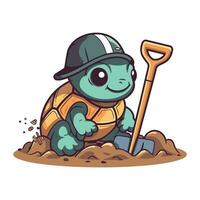 Turtle digging a hole in the ground. Cartoon vector illustration.