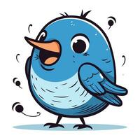 Funny cartoon blue bird. Vector illustration. Isolated on white background.