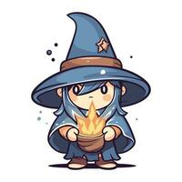 Illustration of a Cute Cartoon Witch Holding a Burning Candle. vector