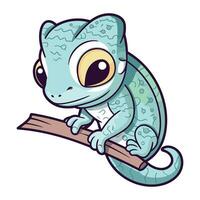 Cute cartoon chameleon on a branch. Vector illustration.