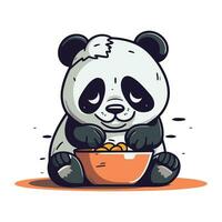 Cute panda with a bowl of food. Vector illustration.