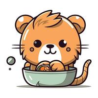 Cute cartoon beaver in a bowl with food. Vector illustration.