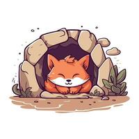 Cute fox in the cave. Vector illustration in cartoon style.