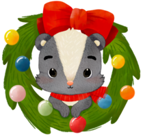 Merry Christmas with watercolor cute skunk sitting in Christmas wreath png