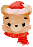 aguarela com Urso cabeça vestindo santa chapéu e cachecol png