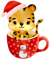 vrolijk Kerstmis met waterverf schattig tijger vervelend de kerstman hoed en zittend in rood koffie kop png