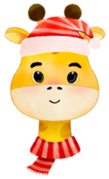 Watercolor with giraffe head wearing Santa hat and scarf png