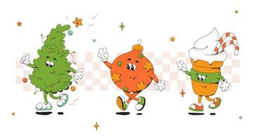 Christmas groovy characters. Tree ball and cup. vector
