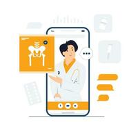 médico en línea cuidado de la salud medicina y médico consulta. paciente consultante utilizando en línea tecnología mediante inteligente teléfono aplicación concepto ilustración vector