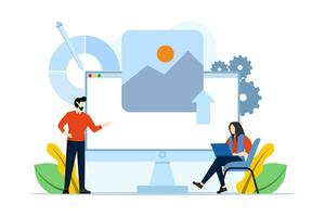 Web design, ui ux and programmer with computer, software development, characters working on web and application development on computer. vector flat illustration on white background.