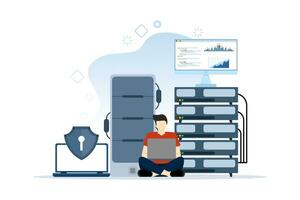 database security concept, data center, programming, engineer, technology, data transmission scheme, secure connection. server rooms, data centers, and databases. safe and secure flat vector. vector