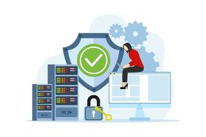 database security concept, data center, programming, engineer, technology, data transmission scheme, secure connection. server rooms, data centers, and databases. safe and secure flat vector. vector