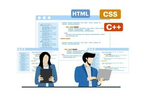 Web development or programming language concept. css, html, IT, ui. Cartoon character programmer developing website, coding. Software developer with laptop. Vector illustration on white background.