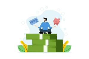 Concept of financial discipline, saving money or investment strategy, investment routine or practice, building wealth or paying off debt, man meditating on banknotes with credit card and piggy bank. vector