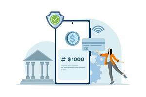 Concept of mobile banking, online payment, online mobile banking. electronic bill payment. Transaction security. credit card, electronic wallet, e-commerce, transaction, purchase, vector illustration.