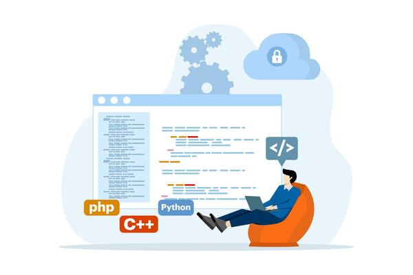 Web development or programming language concept. css, html, IT, ui. Cartoon character programmer developing website, coding. Software developer with laptop. Vector illustration on white background.