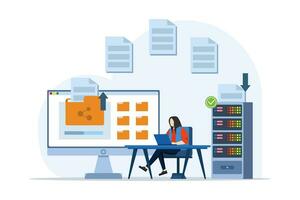 concept of file transfer, data backup, document storage, cloud technology, upload and download, business characters transferring files between devices, flat vector illustration on background.