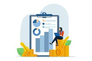 Financial analyst concept. Investor with laptop monitoring dividend growth. actor a business woman sitting on a pile of gold dollar coins reading a financial report. Trader Working on Laptop. vector