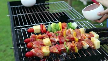 uma mulher mãos adicionando molho e rotativo a espetos do churrasco ser frito em uma carvão grade, churrasco festa dentro a jardim quintal video