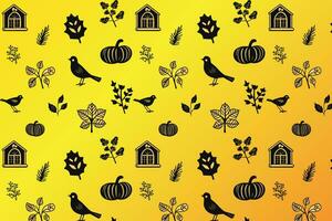 A Yellow Background with Black Birds, Pumpkins, Leaves, and House vector