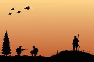 puesta de sol punto muerto, silueta soldados, altísimo aves, y un solitario árbol vector