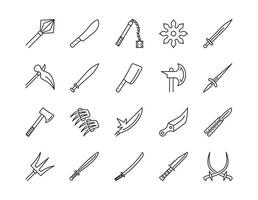 Set of melee weapon Related Line Icons. Linear collection symbols of knife, sword, axe. vector