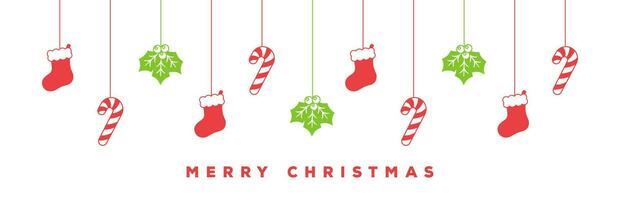 Merry Christmas Border Banner, Hanging Stocking, Mistletoe and Candy Cane Garland. Winter Holiday Season Header Decoration. Web Banner Template. Vector illustration.