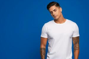 a young man wearing a Bella Canvas Classic White T - shirt mockup, AI Generated photo