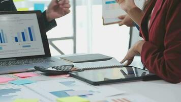 Business team collaboration discussing working analyzing with financial data and marketing growth report graph in team, presentation and brainstorming to strategy planning making profit of company. video