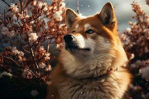 akita inu en el antecedentes de floración árboles, de cerca foto, ai Arte foto