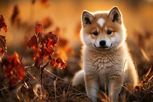 A small Akita Inu puppy on the background of autumn nature. Ai art photo