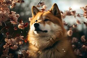Akita Inu on the background of flowering trees, close-up photo, Ai art photo